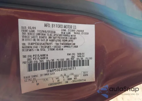 2005 Ford Taurus Se from USA, damaged, VIN 1FAFP53235A278771